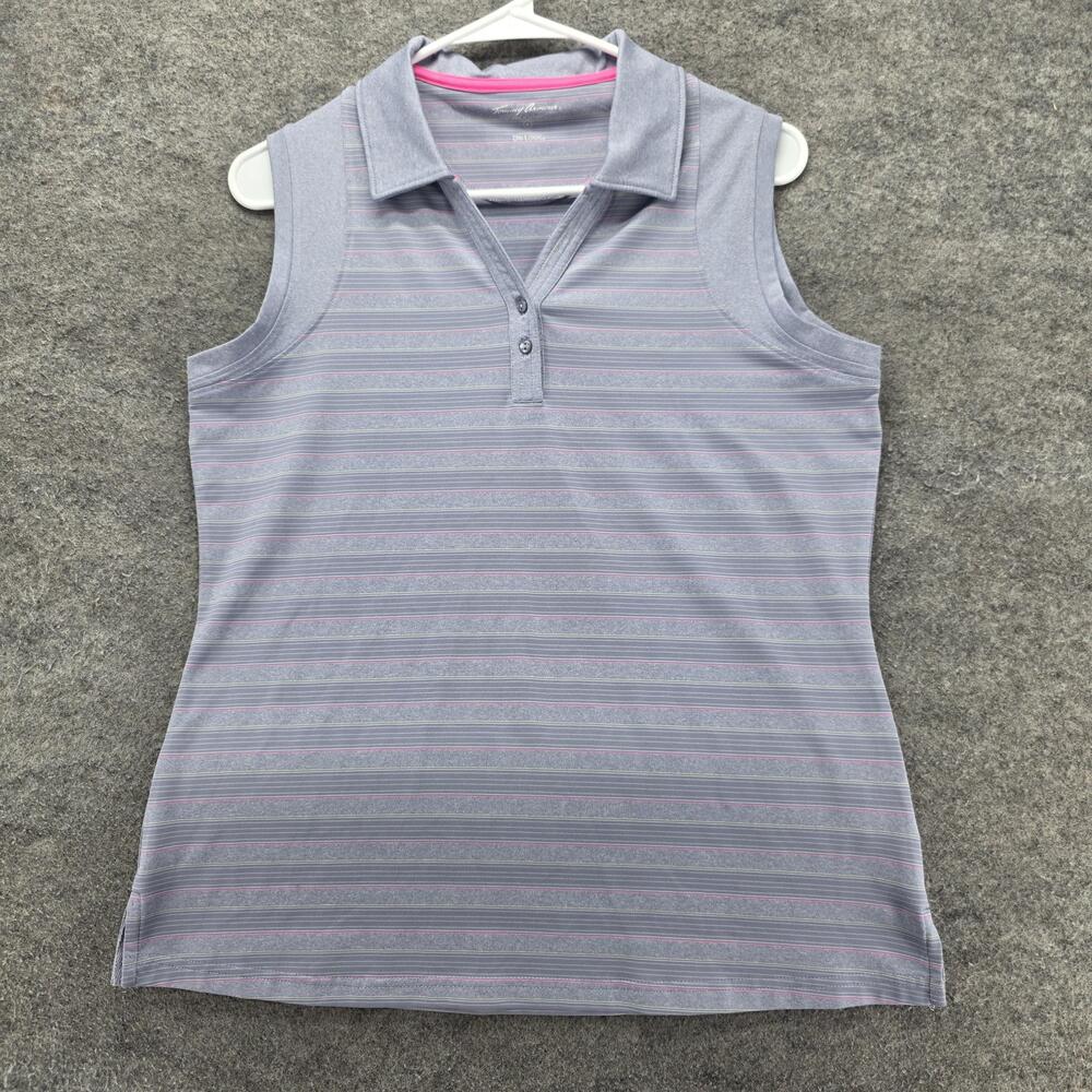 Tommy Armour Polo Womens L Gray Striped Collared Dri-Logic Moisture Wicking